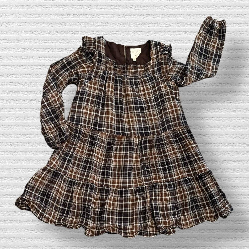 Hayden Girl Med Brown Plaid Smocked Long Sleeve Dress